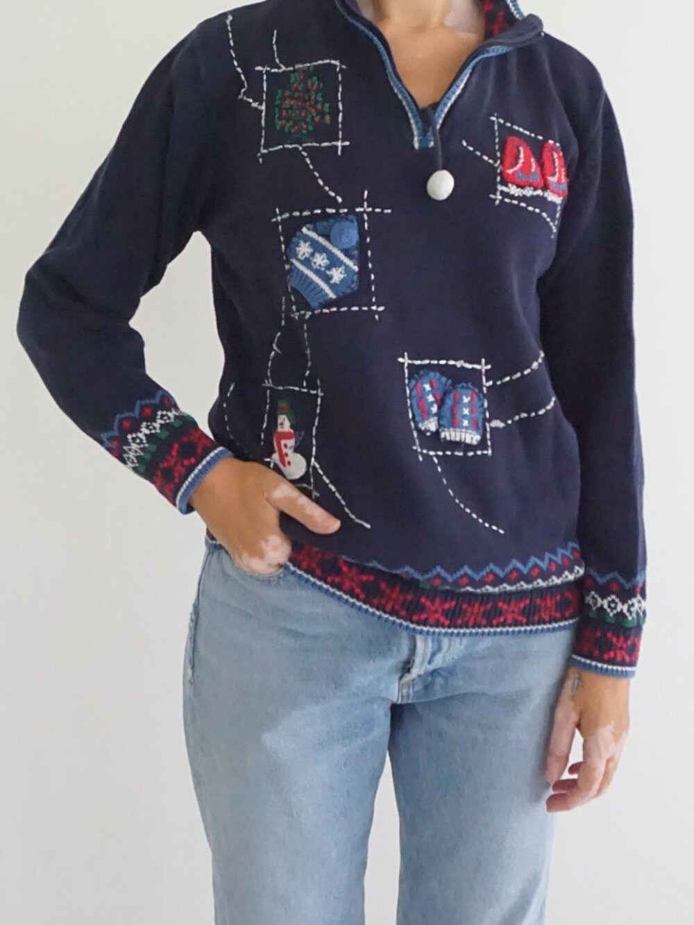 Vintage Tabi Navy Snowman Mittens Skates Pom-Pom Fair Isle Christmas Sweater M